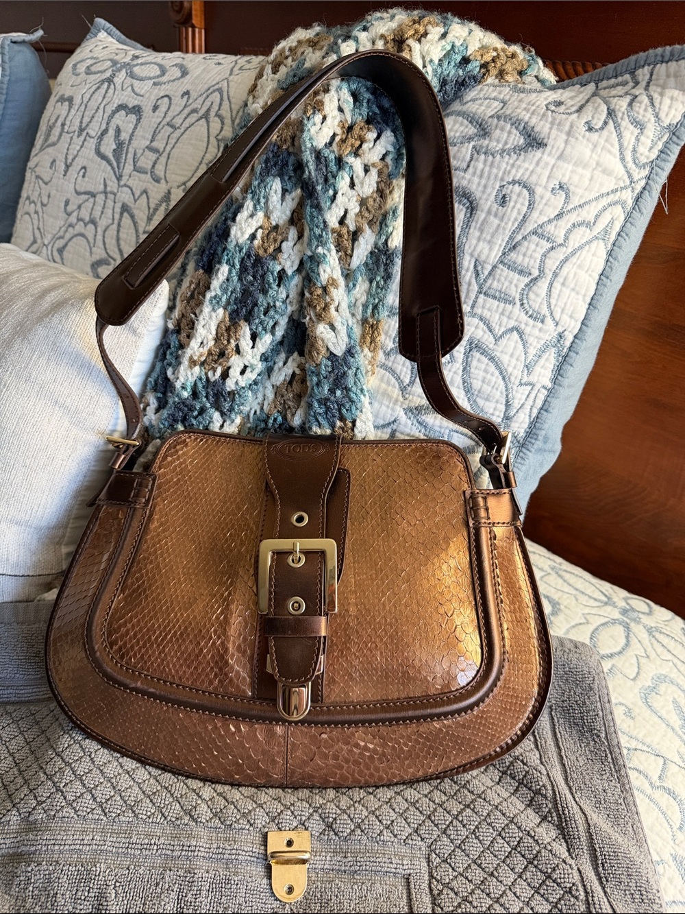 PREOWNED PRELOVED Tod's Bronze Metallic Leather Shoulder Bag, Dark Brown Trim